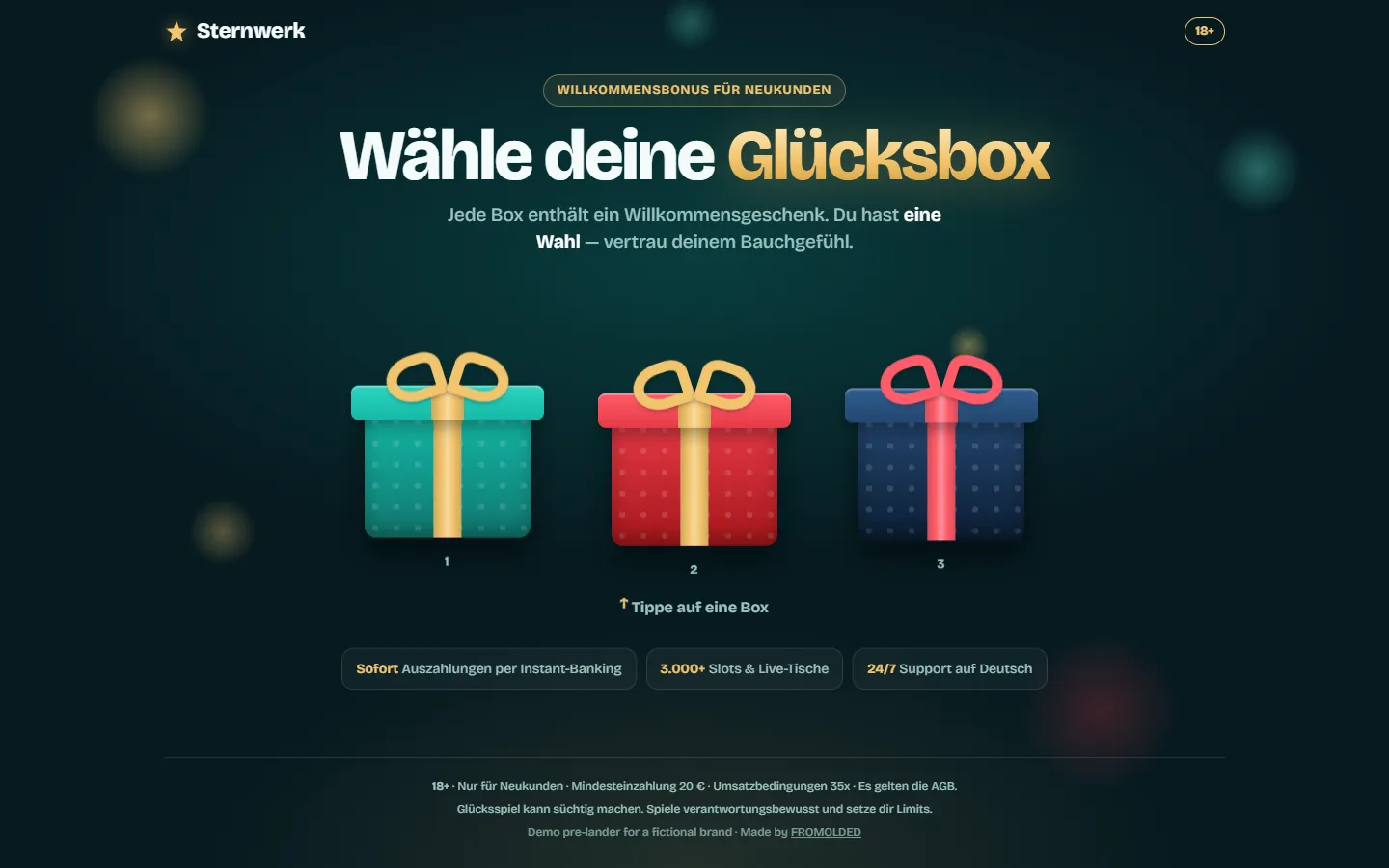 Gift Box Pre‑lander · DE — iGaming welcome bonus (demo brand) screenshot
