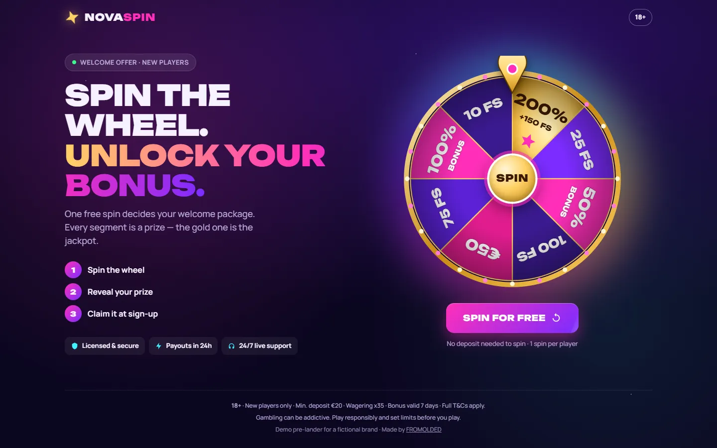 Bonus Wheel Pre‑lander · EN — iGaming welcome bonus (demo brand) screenshot