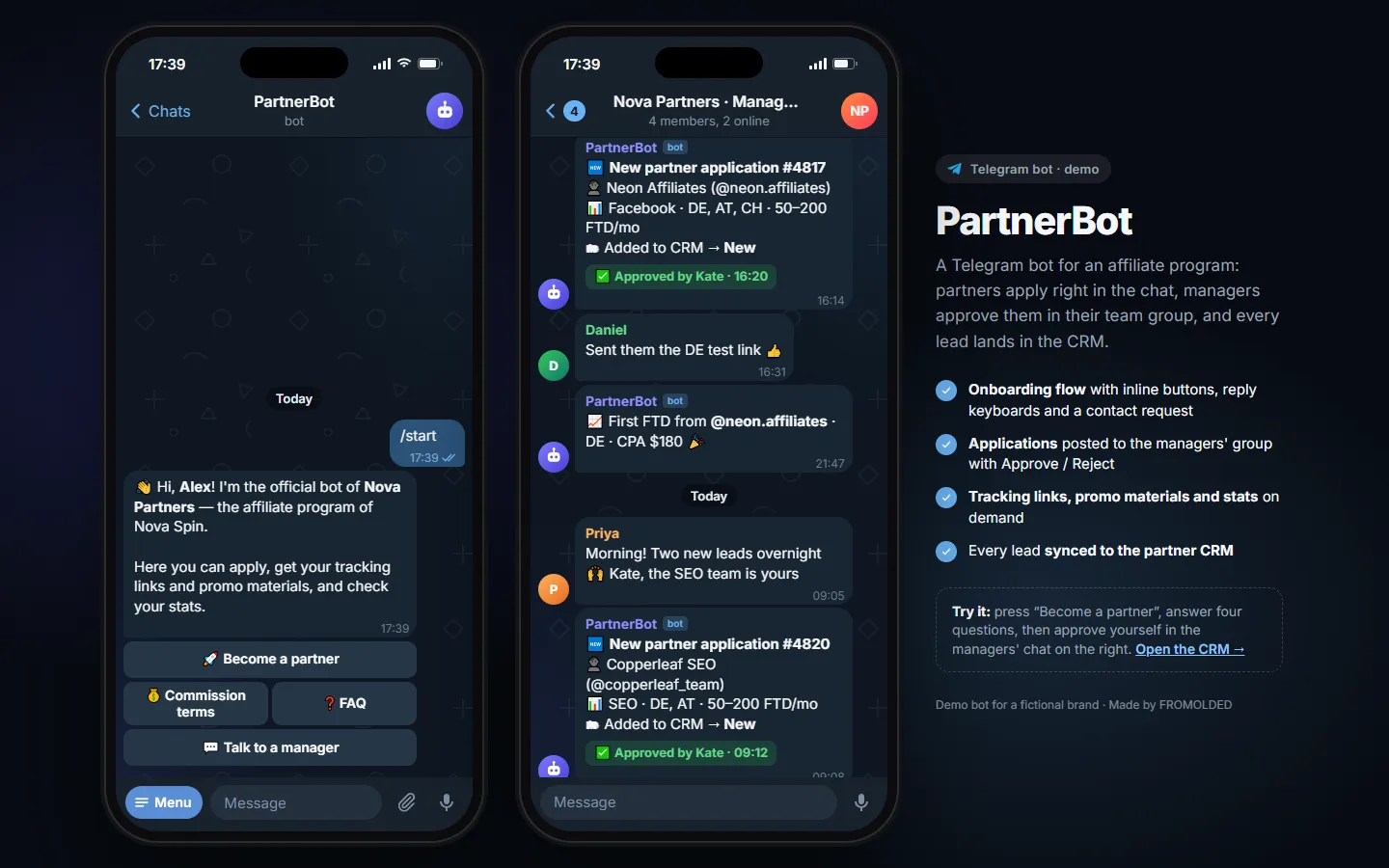 PartnerBot Affiliate Program Bot — Telegram bot · affiliate program onboarding (demo brand) screenshot
