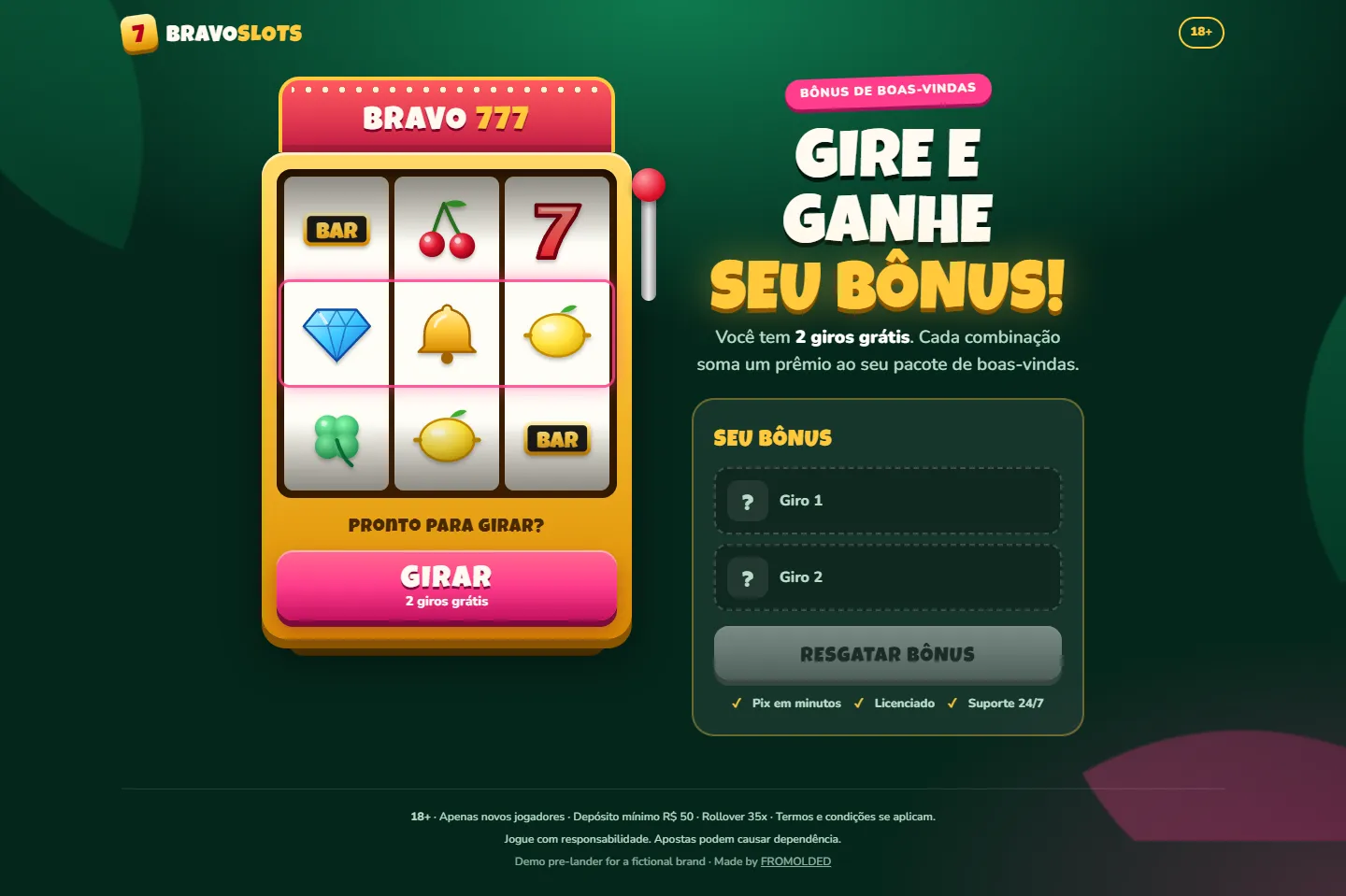 Slot Machine Pre‑lander · PT-BR — iGaming welcome bonus (demo brand) screenshot