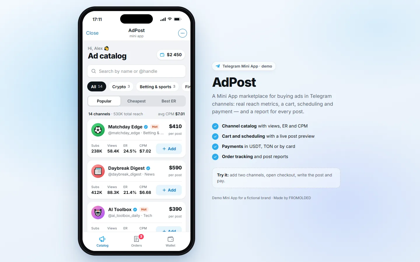 AdPost Ads Marketplace Mini App — Telegram Mini App · ads in Telegram channels (demo) screenshot