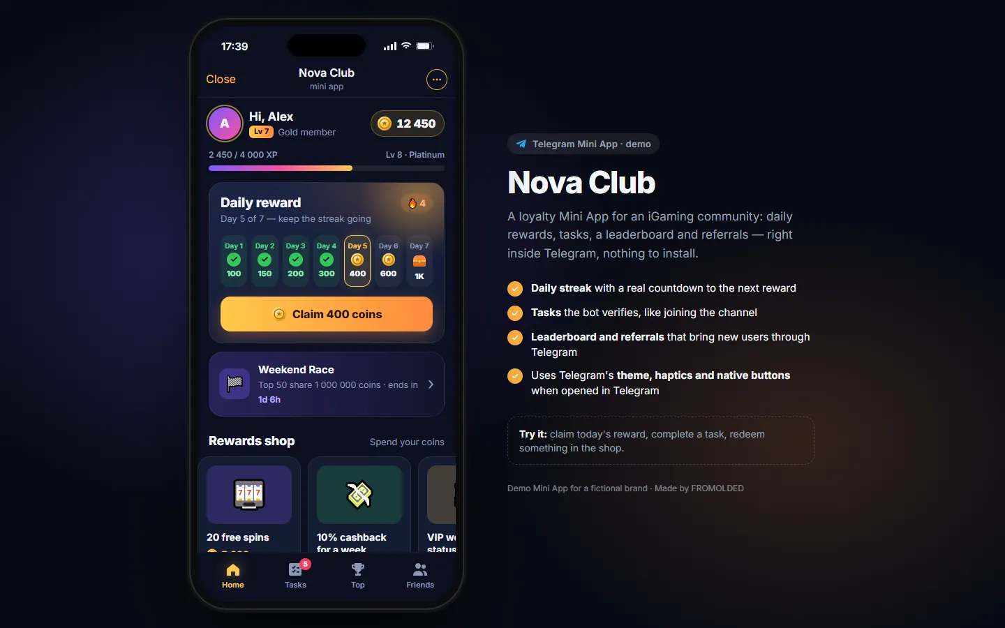 Nova Club Loyalty Mini App — Telegram Mini App · iGaming community loyalty (demo brand) screenshot