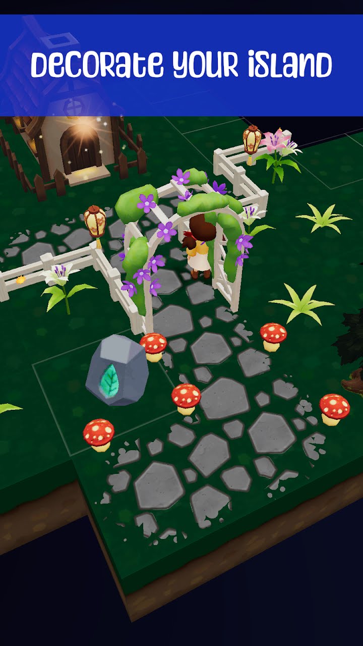 Decorated island with a stone path, flower arch, lanterns and mushrooms