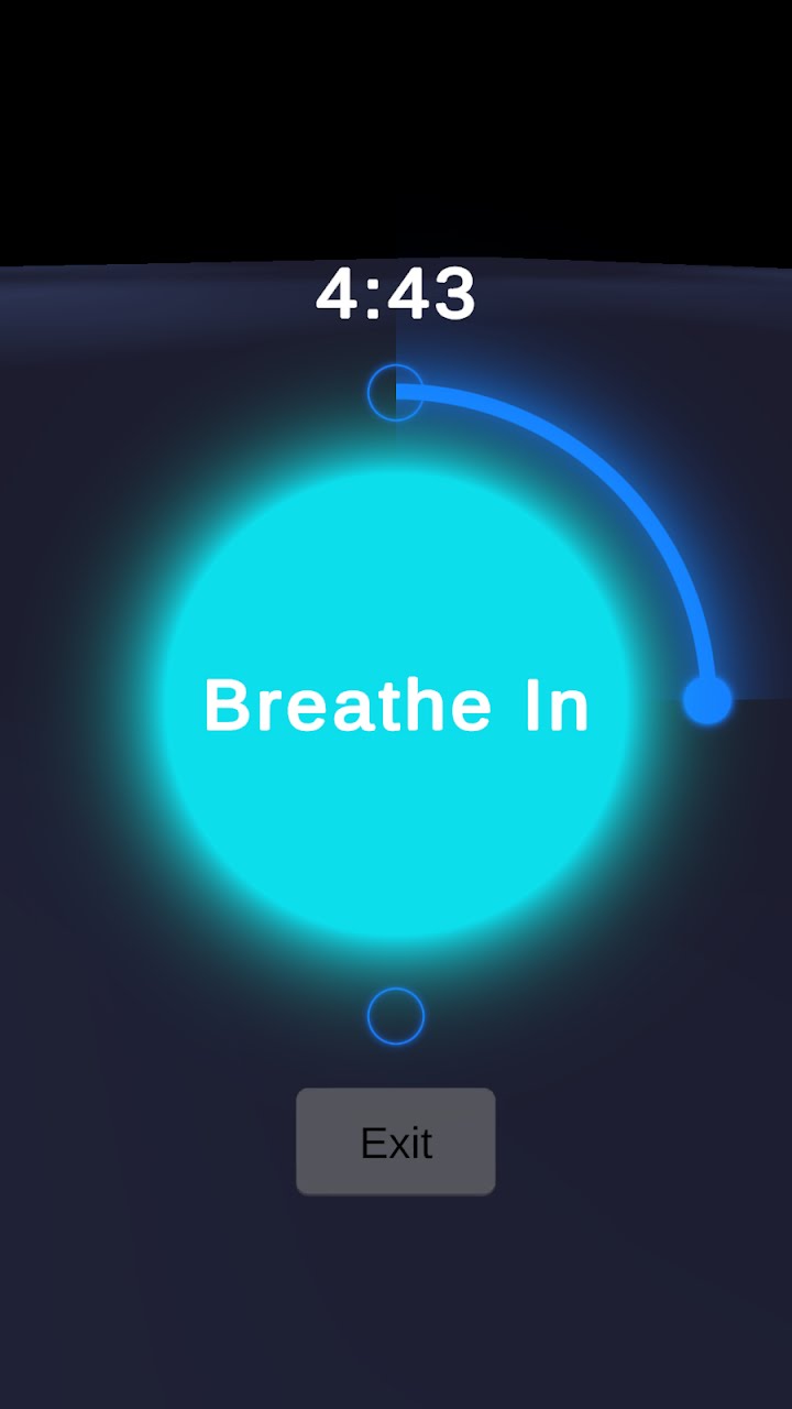 Guided breathing screen with a glowing cyan circle reading Breathe In and a 4:43 timer