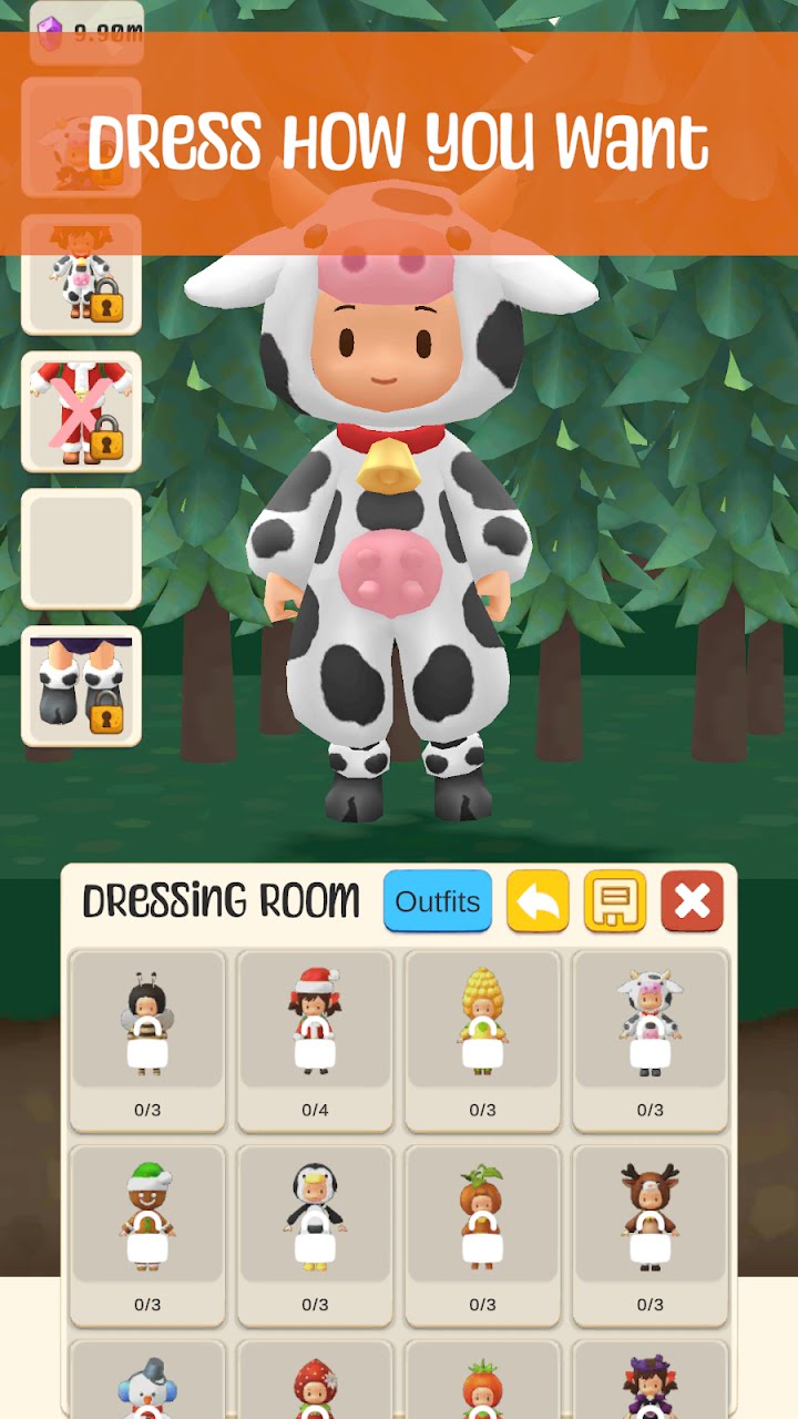 Dressing room screen with the gardener wearing a cow onesie and a grid of outfits
