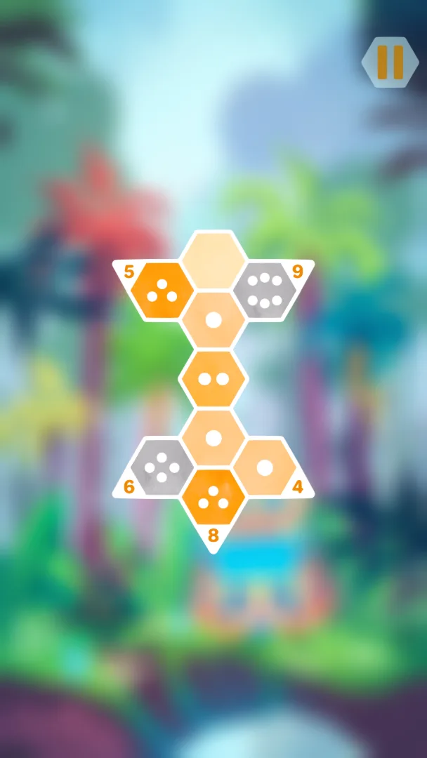Portrait screenshot of a tall column of orange hexagons with dot counts in a jungle setting