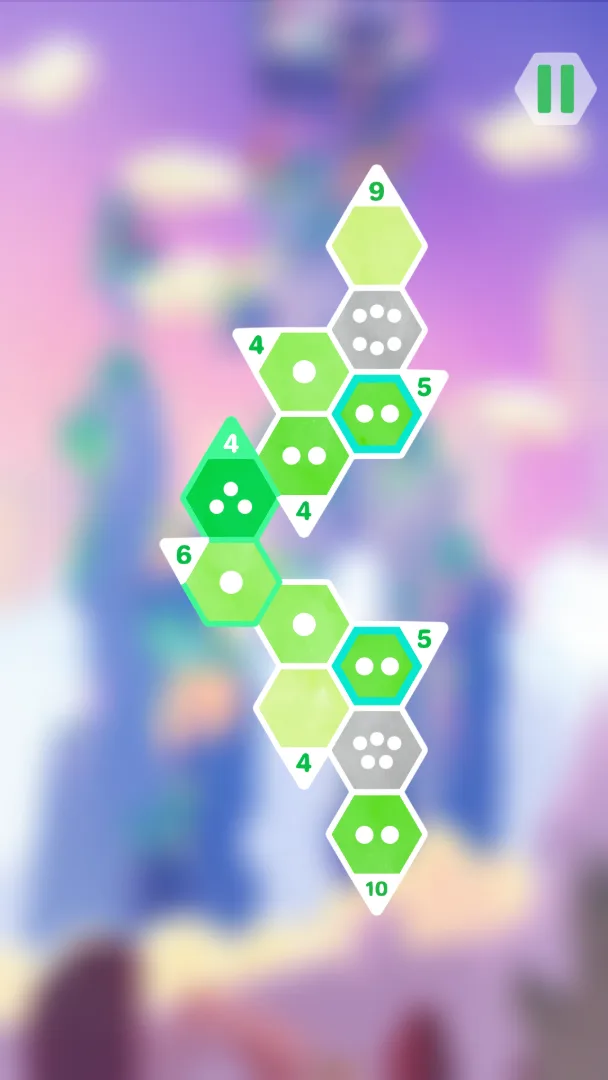 Portrait screenshot of a green zig-zag hexagon puzzle against a soft purple landscape