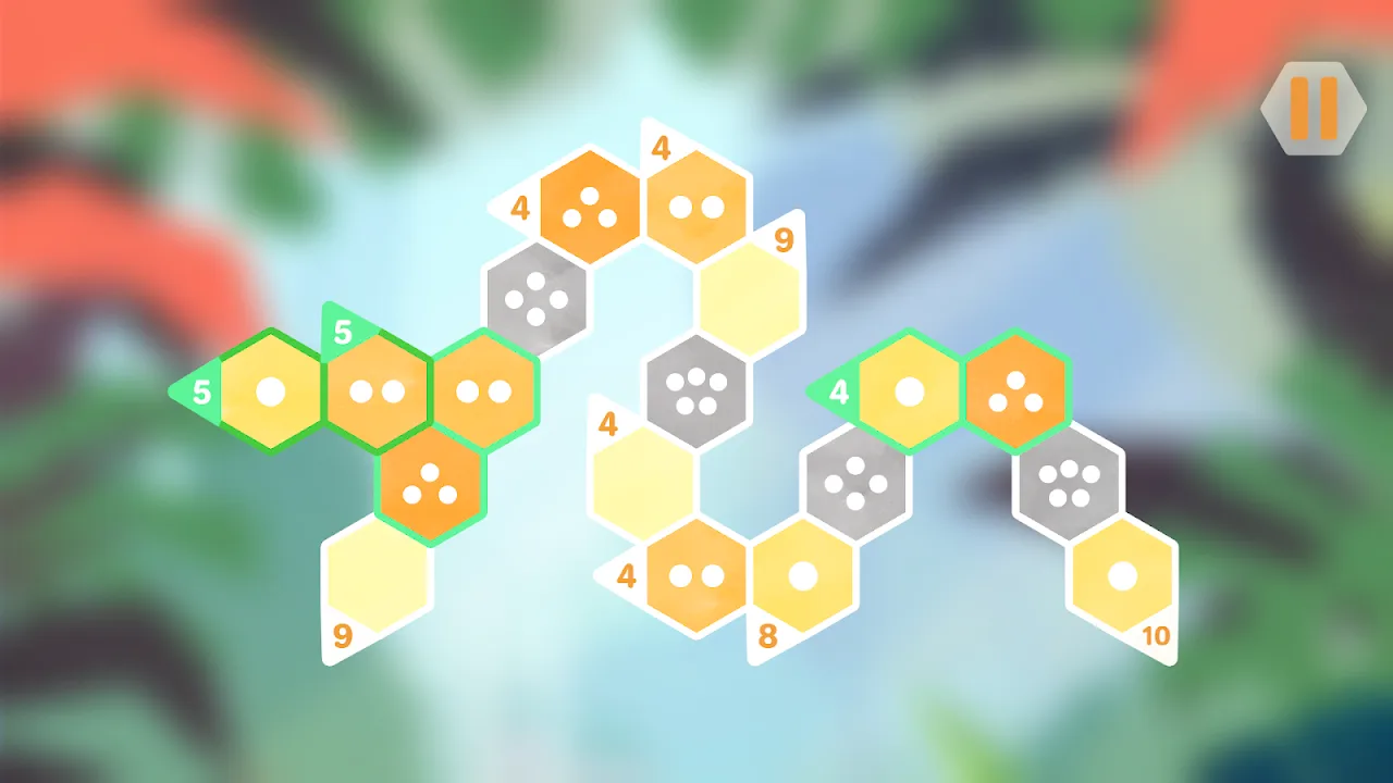 Hexologic level with a winding chain of orange and grey hexagons and sum clues on the edges, over a blurred jungle background