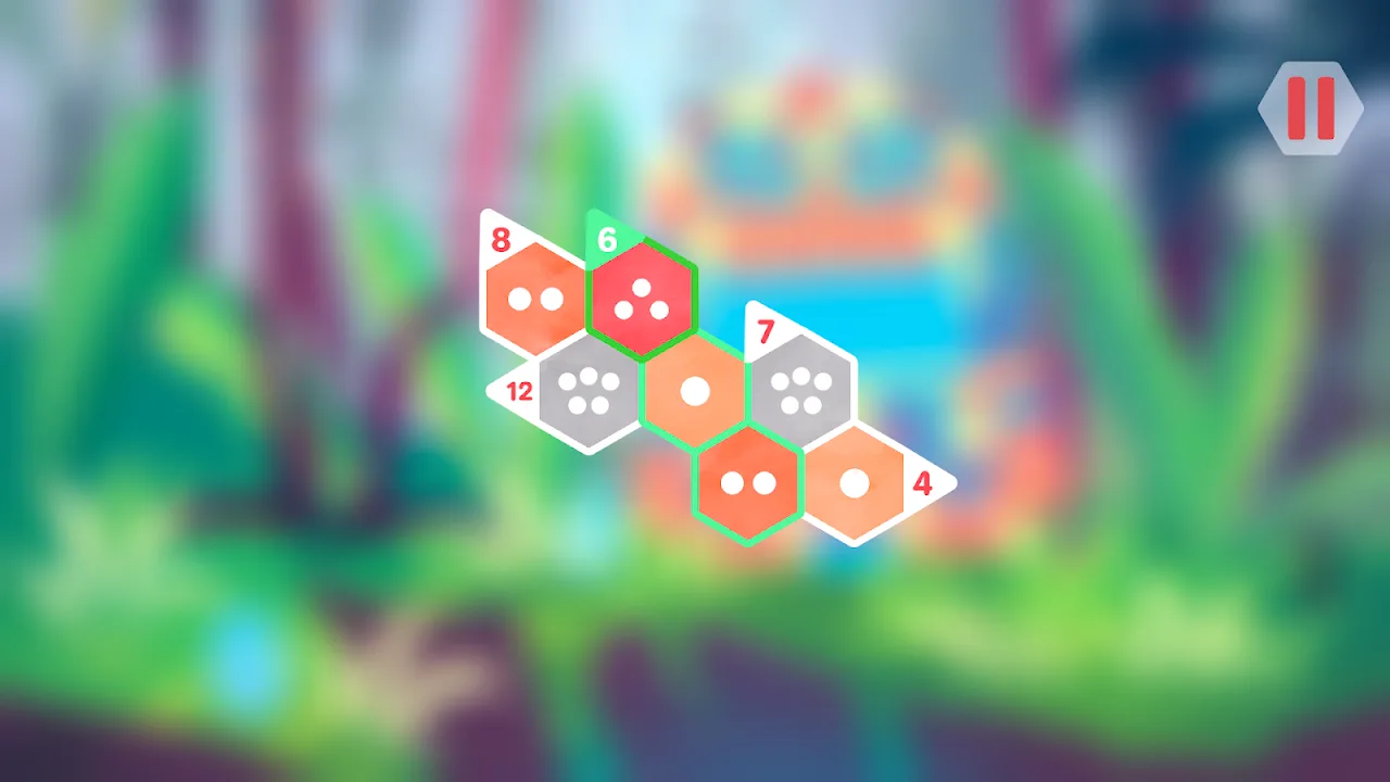Compact Hexologic level with coral and grey hexagons and edge clues, on a blurred green background