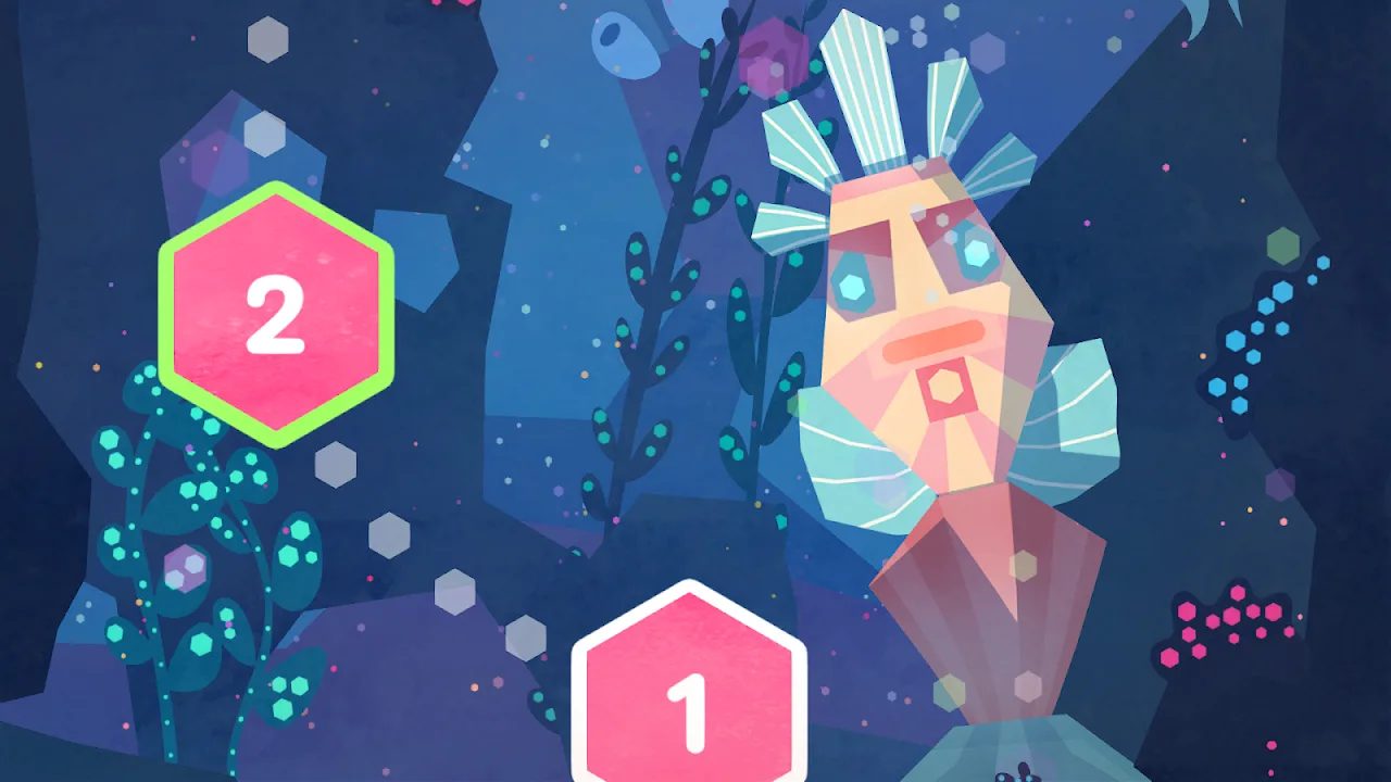 Underwater level-select map with pink hexagon level markers and a low-poly fish-like statue