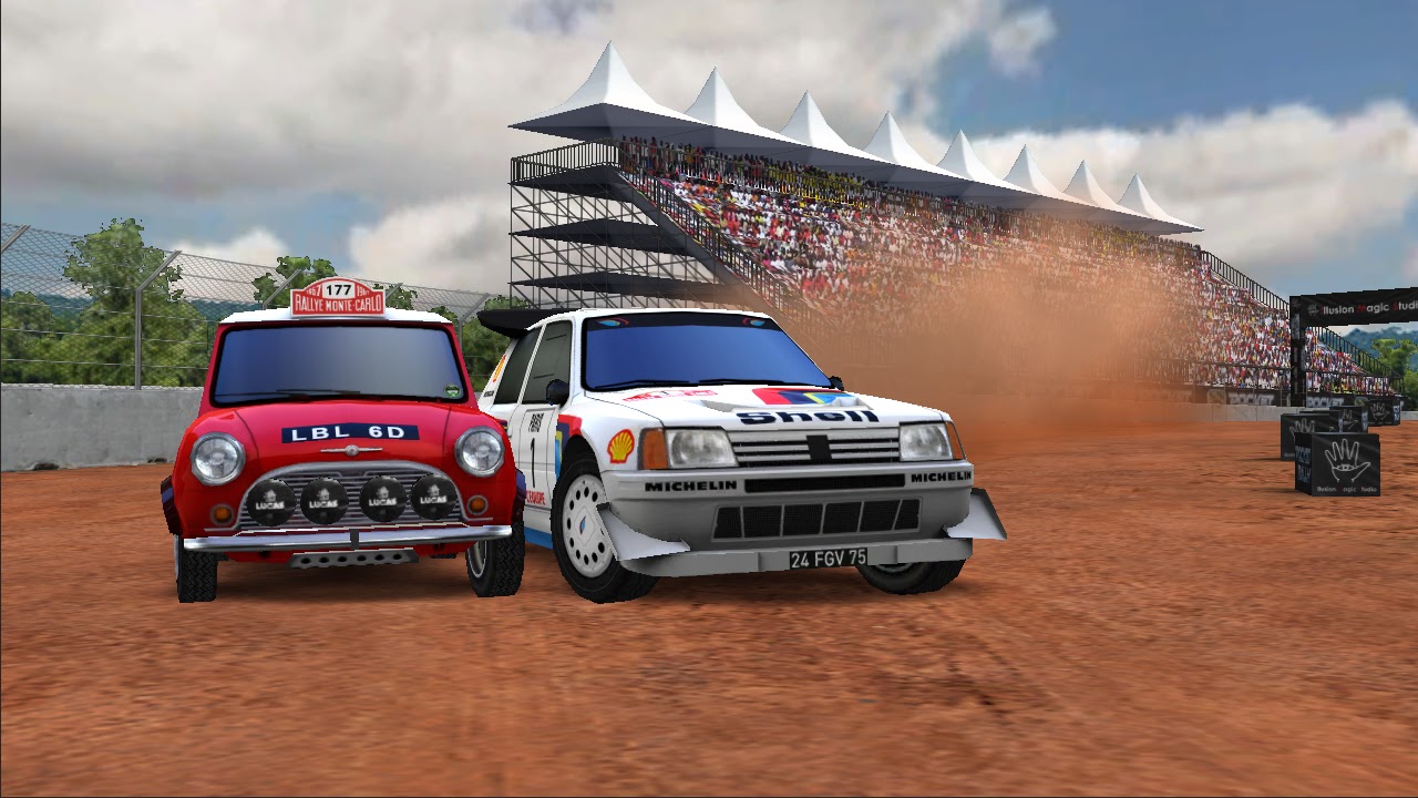 A red Mini and a white rally car side by side on a dirt arena in Pocket Rally