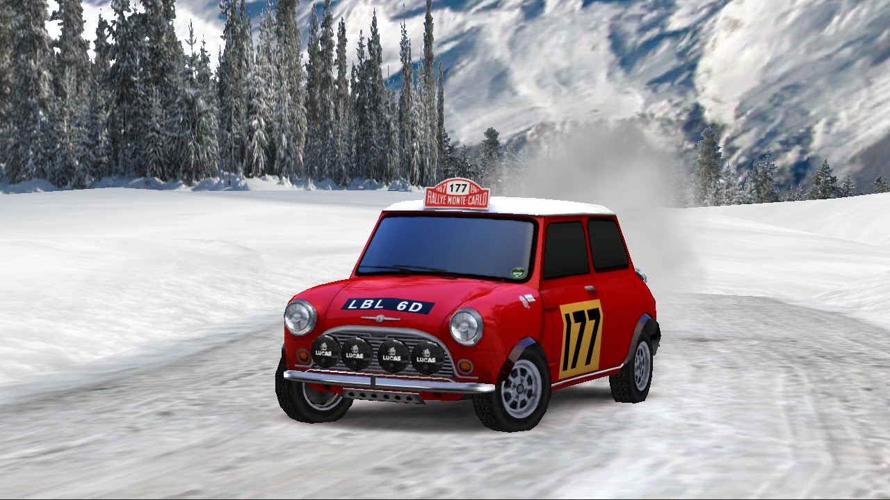 A red Mini drifting on ice, kicking up snow
