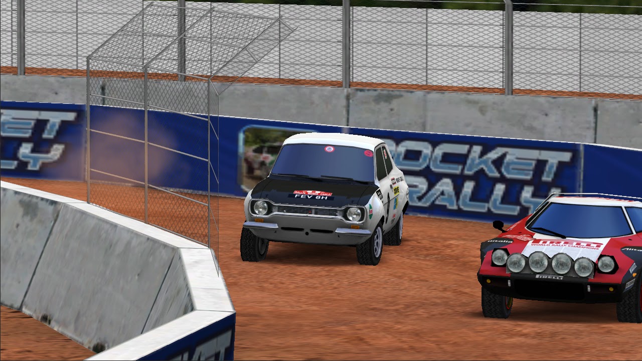 Two classic rally cars in a stadium circuit with Pocket Rally banners