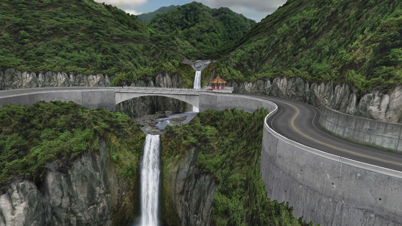 A winding mountain road with a viaduct and a tall waterfall in a green valley