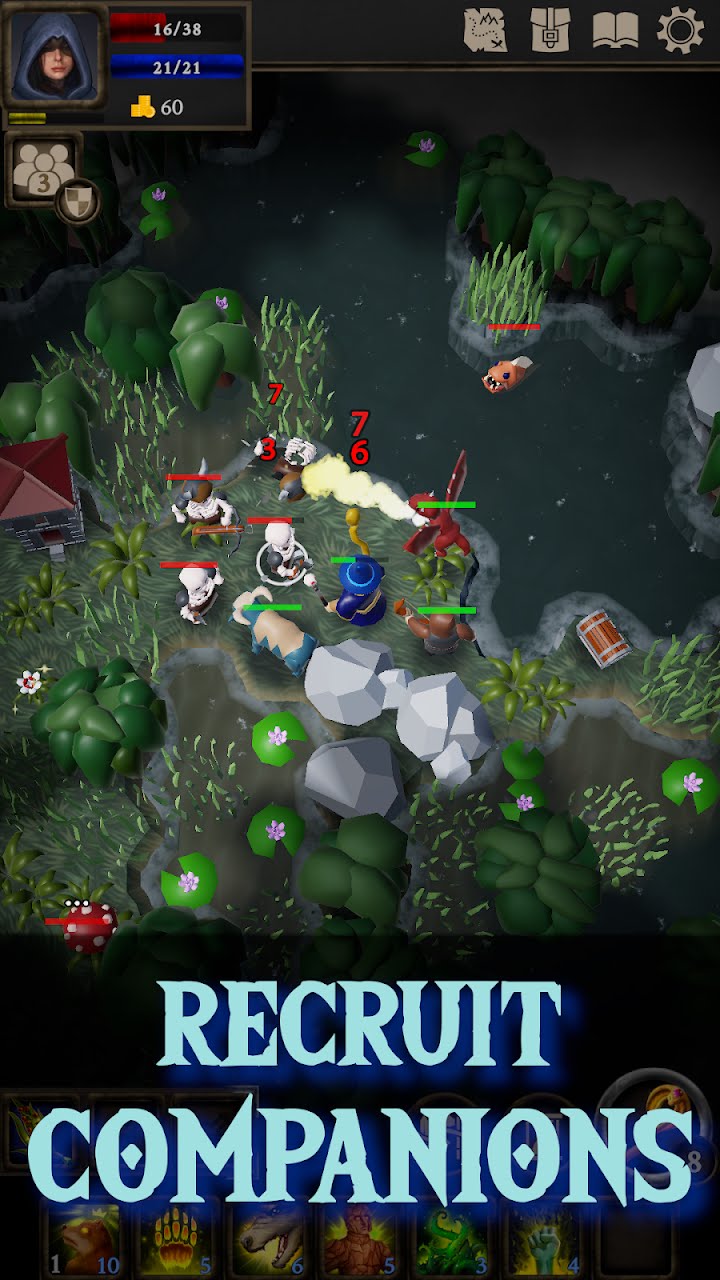 A dark green swamp level with ferns and rocks, the hero fighting alongside recruited companions
