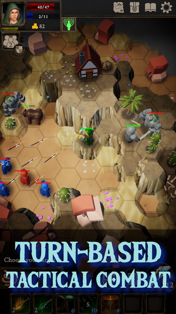 Turn-based combat on an amber desert plateau, with cliffs, a hut and several enemies around the hero