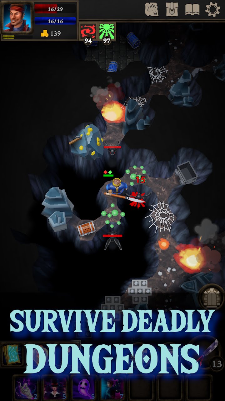 A dark dungeon with fire and webs