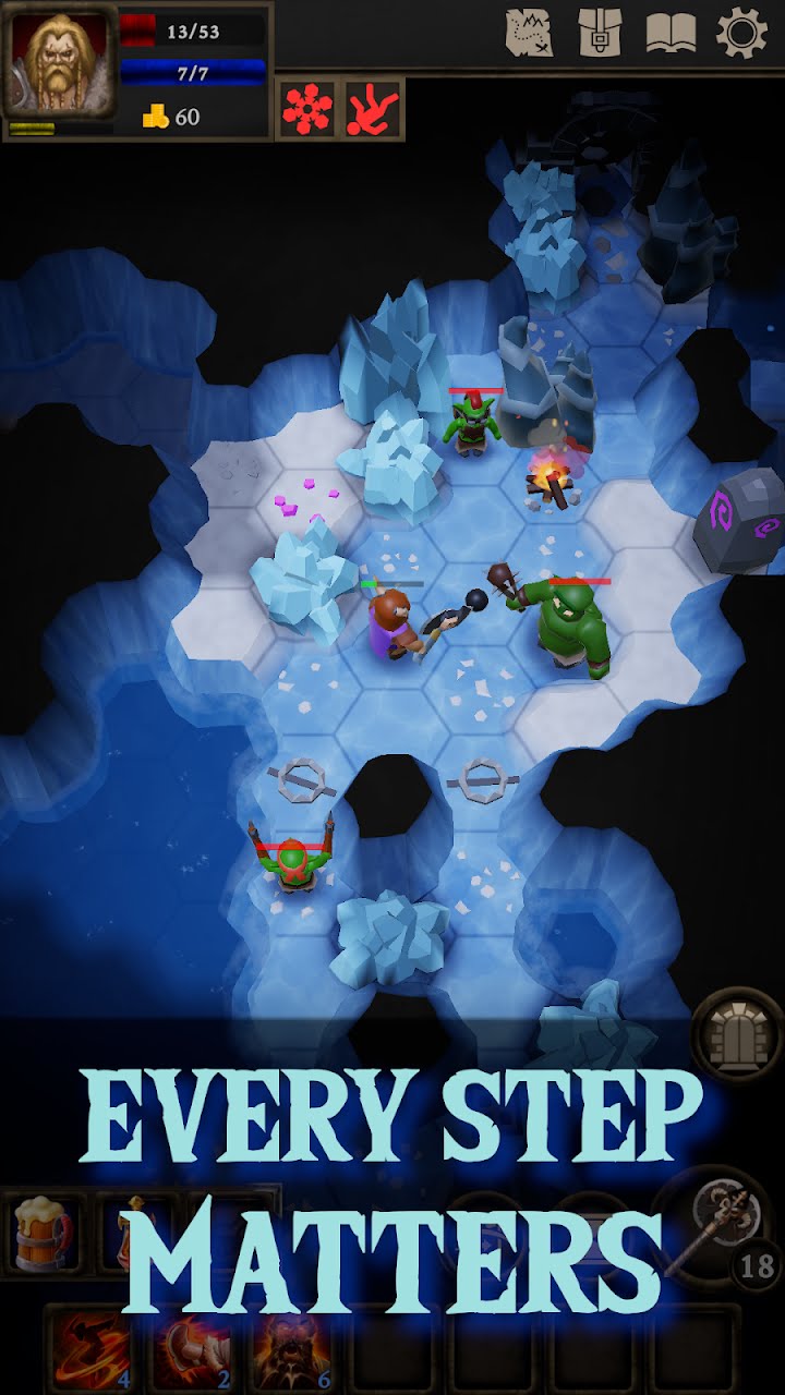 A frozen cavern level: glowing cyan ice tiles on a hex grid, the hero facing goblins across a narrow channel