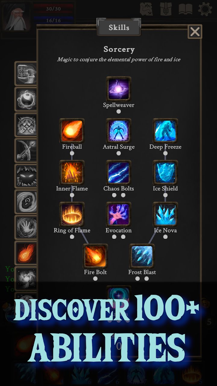 The Sorcery skill tree with fire and ice abilities such as Fireball, Deep Freeze, Ice Shield and Ring of Flame