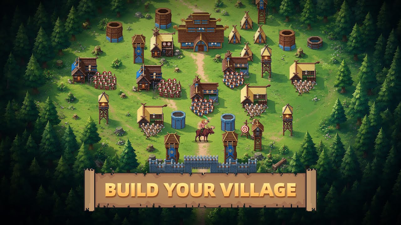 Top-down pixel-art Viking village with longhouses, archery towers, troop squads and a palisade wall surrounded by pine forest