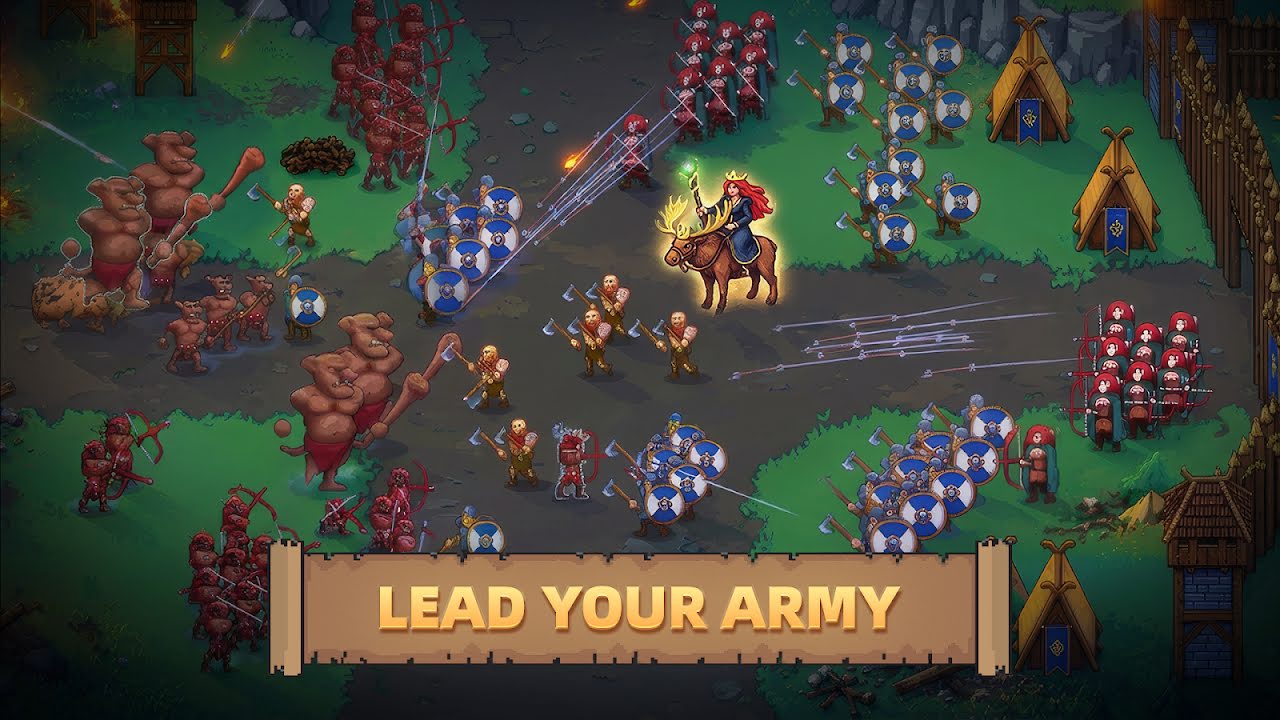 The hero riding a moose leads blue-shielded Viking infantry against club-wielding giants and red archers