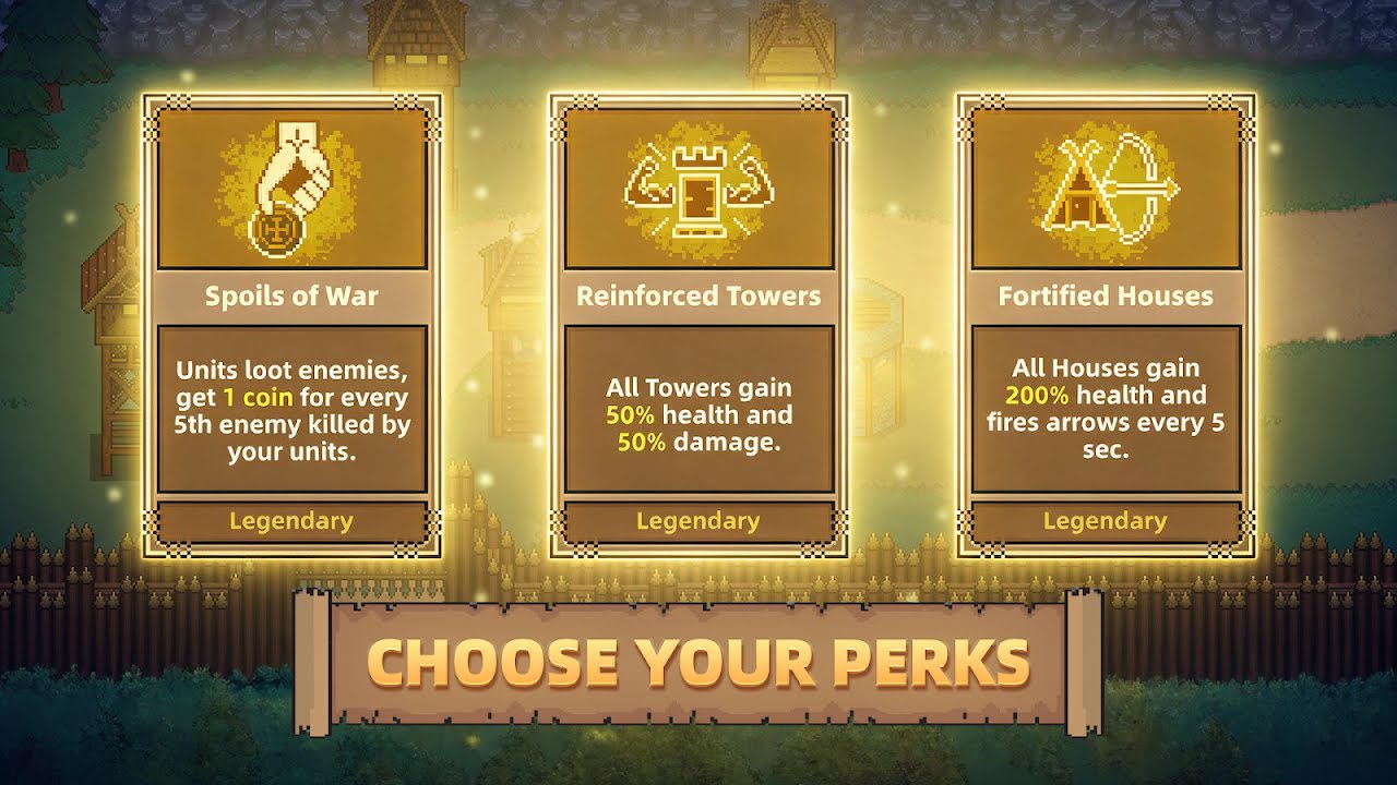 Three legendary perk cards: Spoils of War, Reinforced Towers and Fortified Houses