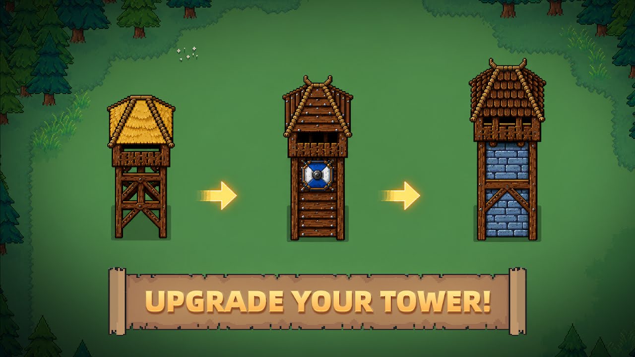 A watchtower in three upgrade stages, from straw-roofed wood to a tall stone tower