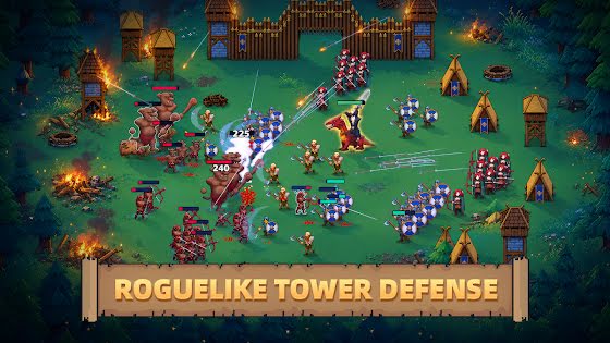 Roguelike tower defense: Viking troops clash with giants beside burning tents