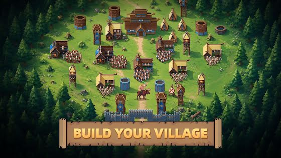 Build your village: top-down view of longhouses and towers in a forest clearing
